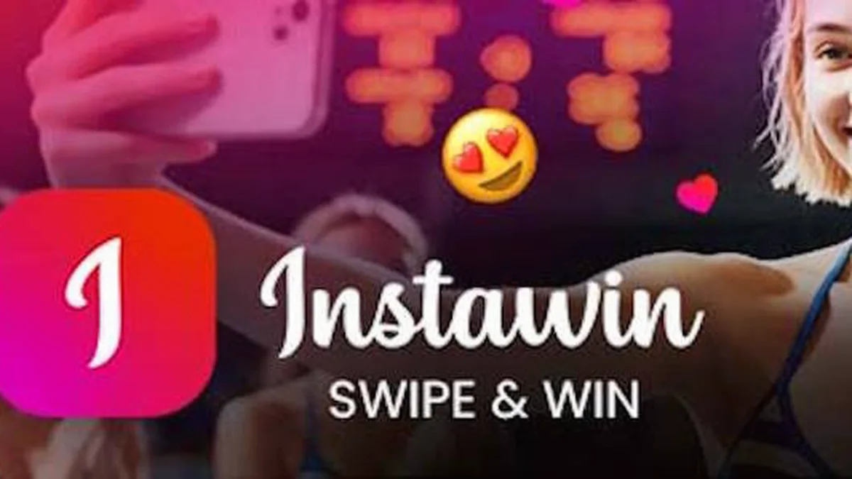 Ang interface ng Instawin na nagpapakita ng swipe-based postcard mechanic