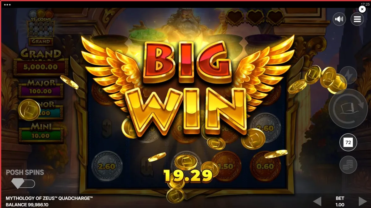 Mythology of Zeus QUADCHARGE slot machine interface
